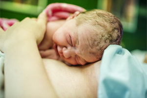 bebê recém-nascido no colo da mãe logo após o parto, na golden hour